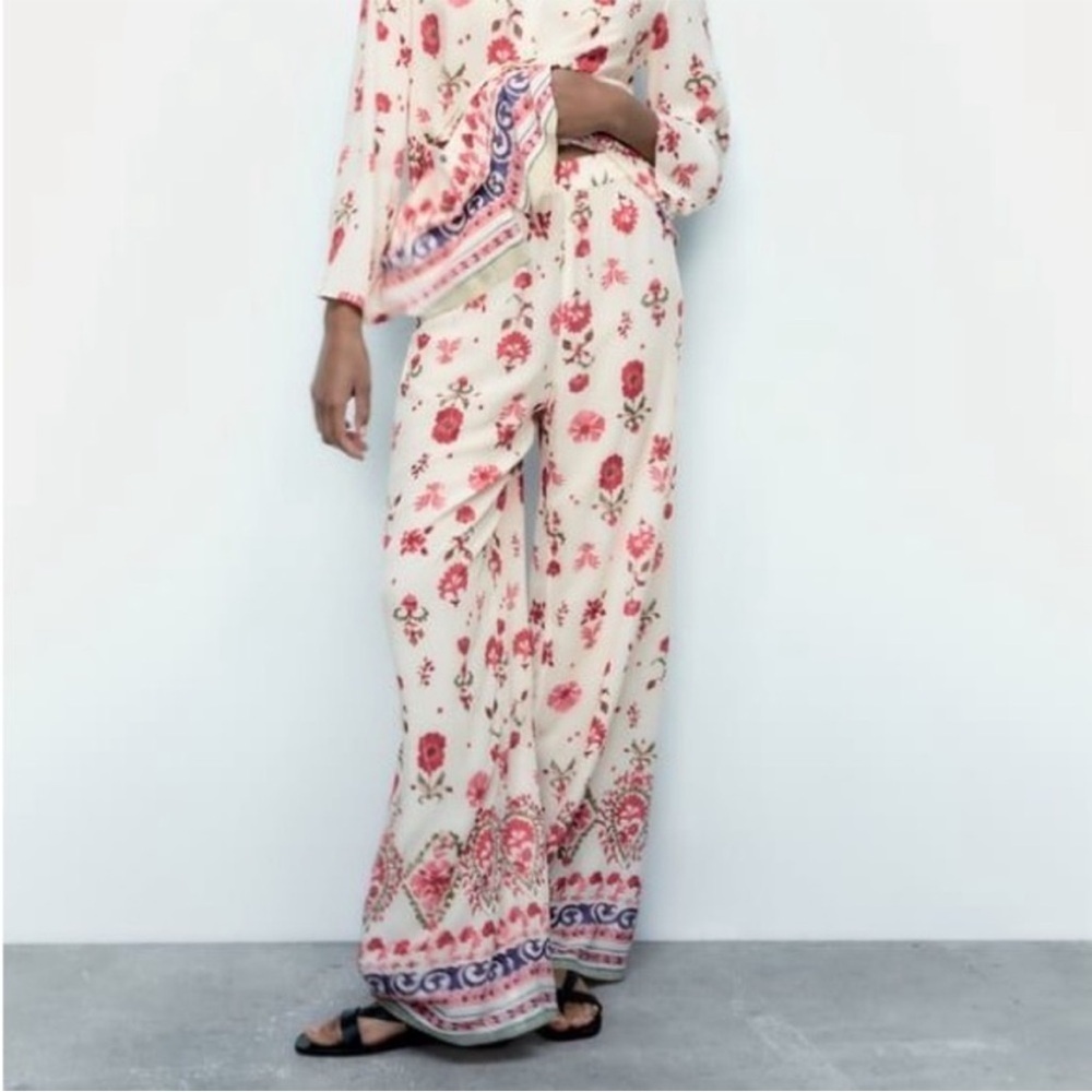 Zara Cream Wide Leg Pants with Pink Floral Border